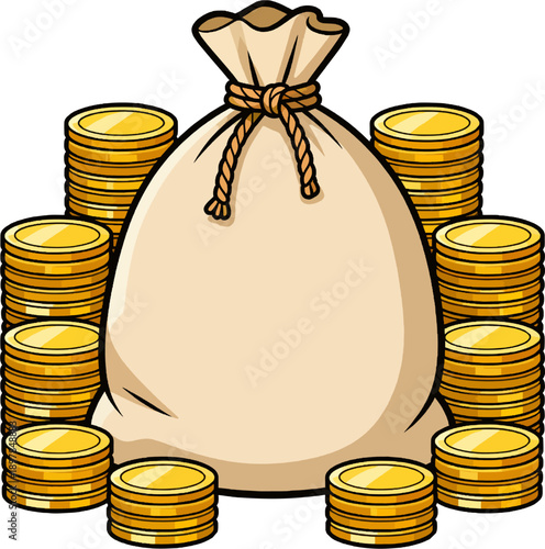 Flat Cartoon Burlap Money Bag Filled with Gold Coins Surrounded by Multiple Coin Stacks
