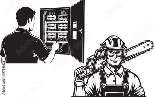 A stark illustration depicts a man with a chainsaw and another at a control panel