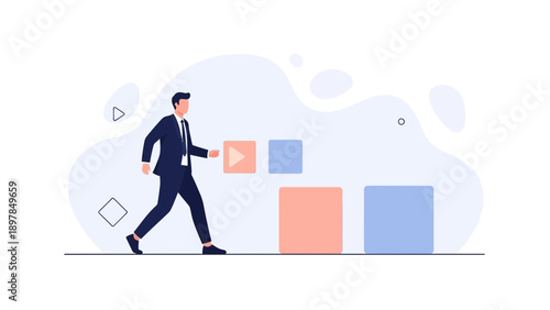 Businessman walking forward past abstract shapes and play button icon