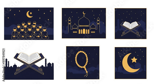 Collection of Islamic cultural symbols including mosque, Quran, prayer beads, and crescent moon with stars, symbolizing faith and devotion during Ramadan or Eid celebrations