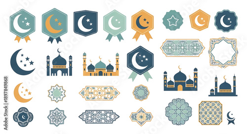 Islamic ornamental motifs and symbols, including crescent moons, stars, and mosques, presented as graphic design elements for digital and print use