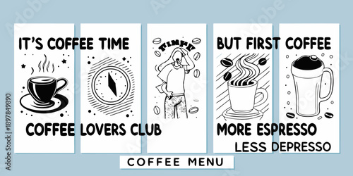 Coffee themed menu with illustrations and playful typography