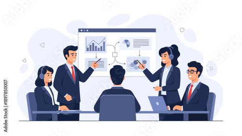 Business team presenting strategy and data analysis on a whiteboard