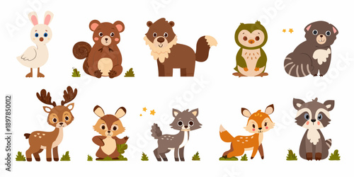 Cartoon illustration of various adorable forest animals in a row
