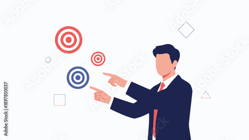 Businessman pointing at multiple targets, business goals, strategy, decision making