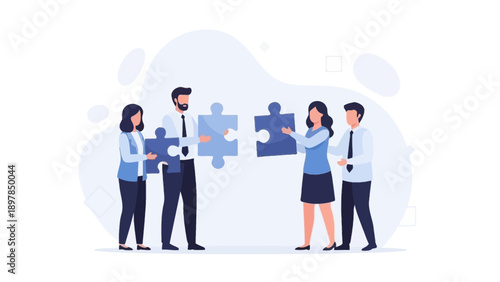 Teamwork puzzle solution concept, business people connecting puzzle pieces