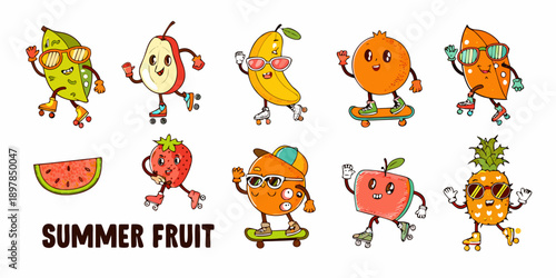 Cartoon fruits on roller skates and skateboards having fun in summer