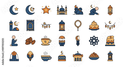Collection of Islamic religious symbols and objects, including crescent moon, stars, mosque, prayer mat, dates, lantern, and sweet dessert, representing the holy month of Ramadan and Eid celebrations