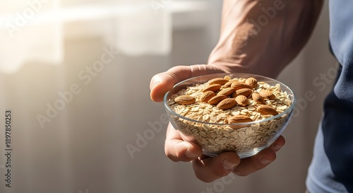 A muscular body builder holding a bowl of oatmeal with nuts in a healthy lifestyle setting with natural light.