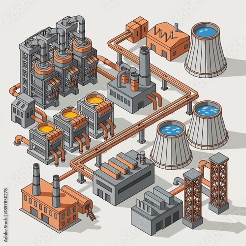 Isometric illustration of a nuclear power plant with various industrial components.