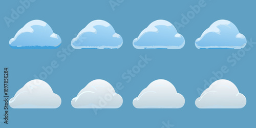A series of cartoon clouds in various shapes and sizes against a blue background
