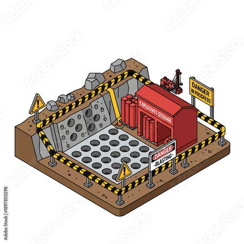 Isometric illustration of a construction site with caution tape and warning signs.