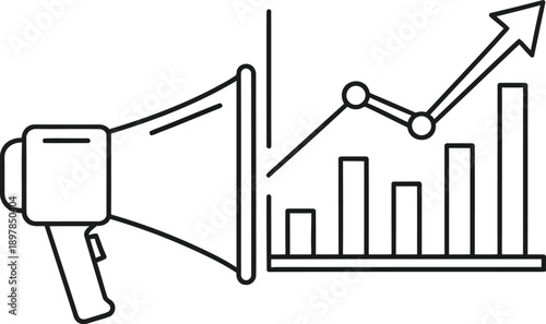 Line art icon depicting a megaphone projecting an upward trending bar chart symbolizing successful marketing communication leading to business growth and increased performance metrics