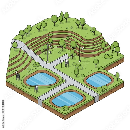 Isometric illustration of a park with ponds and walking paths.