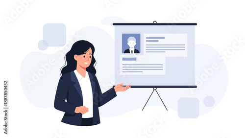 Woman Presenting Resume on Whiteboard for Job Interview