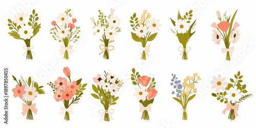 Collection of delicate floral bouquets in pastel shades digitally illustrated