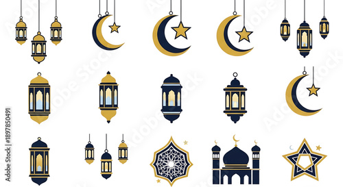 Collection of festive Islamic celebration elements for Ramadan and Eid designs, featuring decorative lanterns, crescent moons, golden stars, and mosque silhouettes in a modern flat style