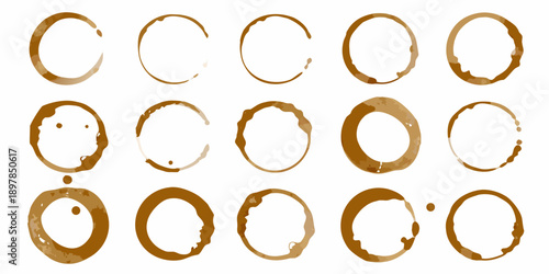 Arrangement of coffee rings and stains on a white background