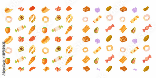 Colorful assortment of various food items arranged in a grid pattern