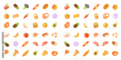 A colorful arrangement of various food items and illustrated icons