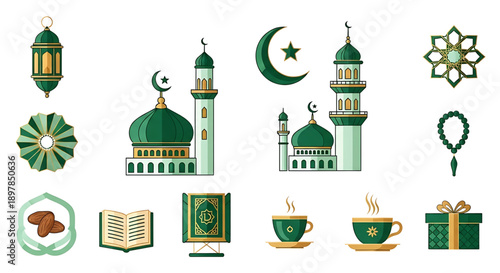 A vibrant collection of Islamic celebration elements featuring mosques, lanterns, and spiritual symbols, ideal for religious holidays, cultural events, and festive designs in a modern vector style