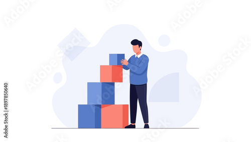 Man Stacking Blocks, Building Project, Business Growth Concept Illustration