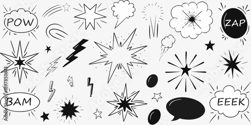 Comic book style explosion and sound effect elements in black and white