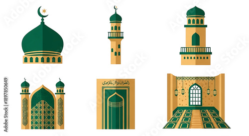Diverse vector collection of traditional Islamic architectural elements mosques, minarets, domes, and ornate archways in a modern flat design style for cultural and religious projects