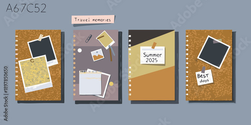 Four scrapbook covers with photos tickets and summer themed decorations