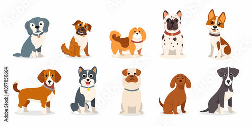 Cartoon collection of diverse dog breeds in a colorful illustration