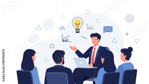 Business meeting with speaker presenting ideas and strategies to team