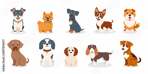 Collection of cartoon dogs in various colors and breeds displayed in a row