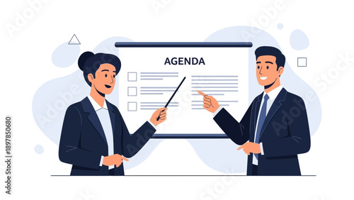 Business meeting agenda presentation with two professionals discussing plans.