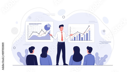 Business meeting presentation with charts and graphs, speaker and audience
