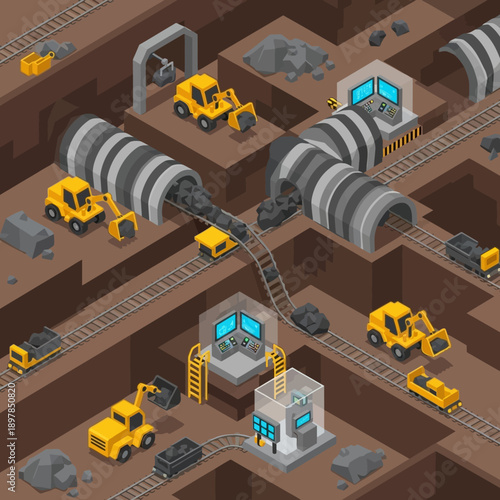 Underground mining operation with machinery and conveyor belts.