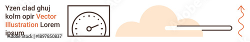 Performance metrics, data analysis, efficiency, progress tracking, loading speed, user interface. Minimalist speedometer gauge, cloud shape and progress bar. Performance metrics and data analysis