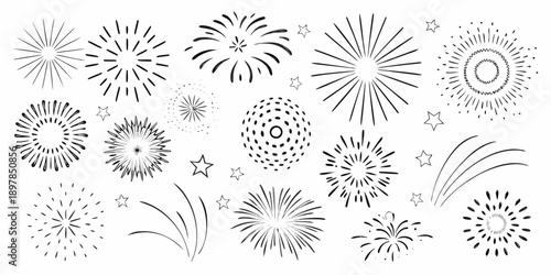 Black and white illustration of various firework shapes and sparkling stars