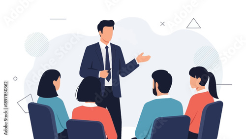 Business meeting presentation, speaker addressing diverse team in modern office setting