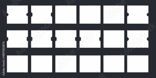 Film strip with rectangular frames and sprocket holes black background