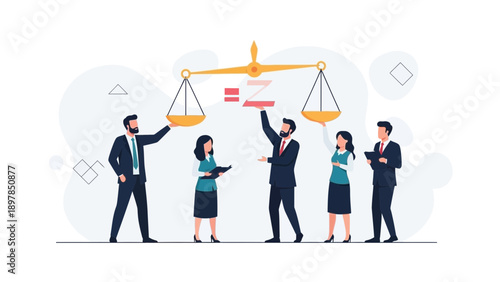 Business Team Balancing Scales of Justice, Law and Equality Concept