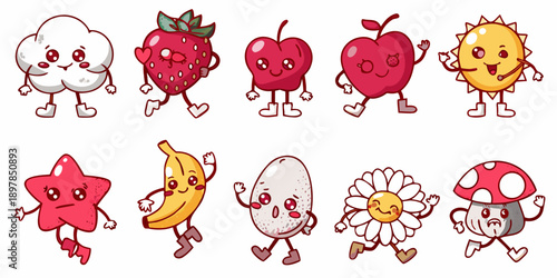 Cute cartoon fruits vegetables and weather elements with smiling faces