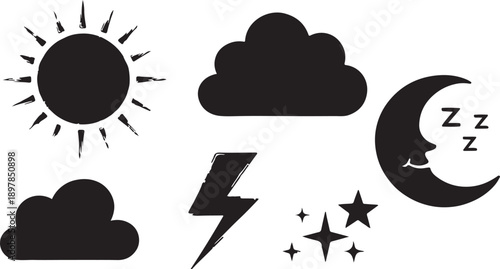 Chalk kid cloud weather symbols set. Vector illustrations of stars, clouds, moon, sun, and thunder isolated for travel blog, meteorology forecast in crayon, charcoal or chalk style. Weather scribble