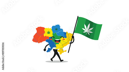 Cute cartoon Ukraine map character happily walks while holding a green flag with a white marijuana leaf symbol for legalization.