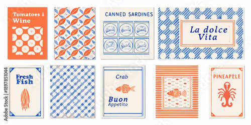 Colorful patterned cards depicting food and italian themes
