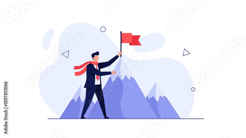 Businessman planting flag on mountain peak, achieving success and reaching goals