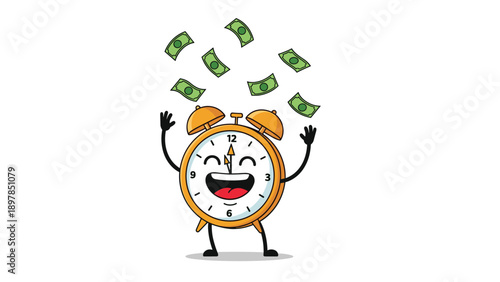 Happy alarm clock character celebrates under raining dollar bills representing time is money and financial success concepts.