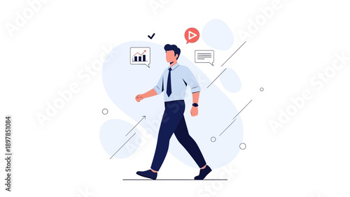 Businessman walking with icons of analytics, chat, and video play symbol