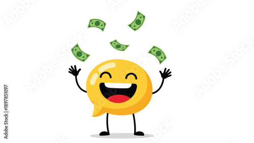 Joyful yellow speech bubble character with arms raised celebrates under raining green banknotes representing financial success.