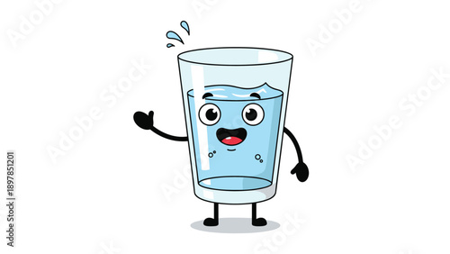 Refreshing water glass cartoon character with big eyes and a smile waving its hand to promote daily hydration.