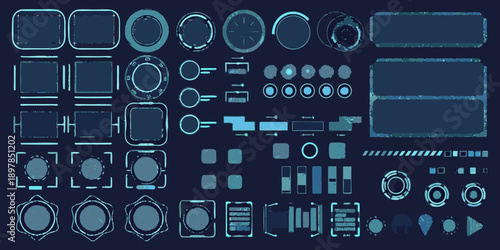 A collection of futuristic glowing blue user interface elements